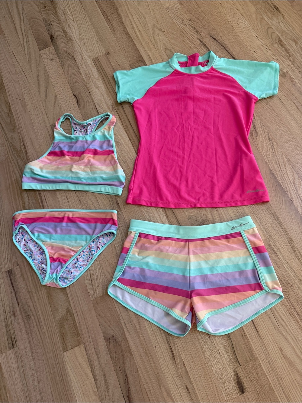 Eddie Bauer 4 Piece Stripe Swim Set with Pink Rash Guard, Size 14/16